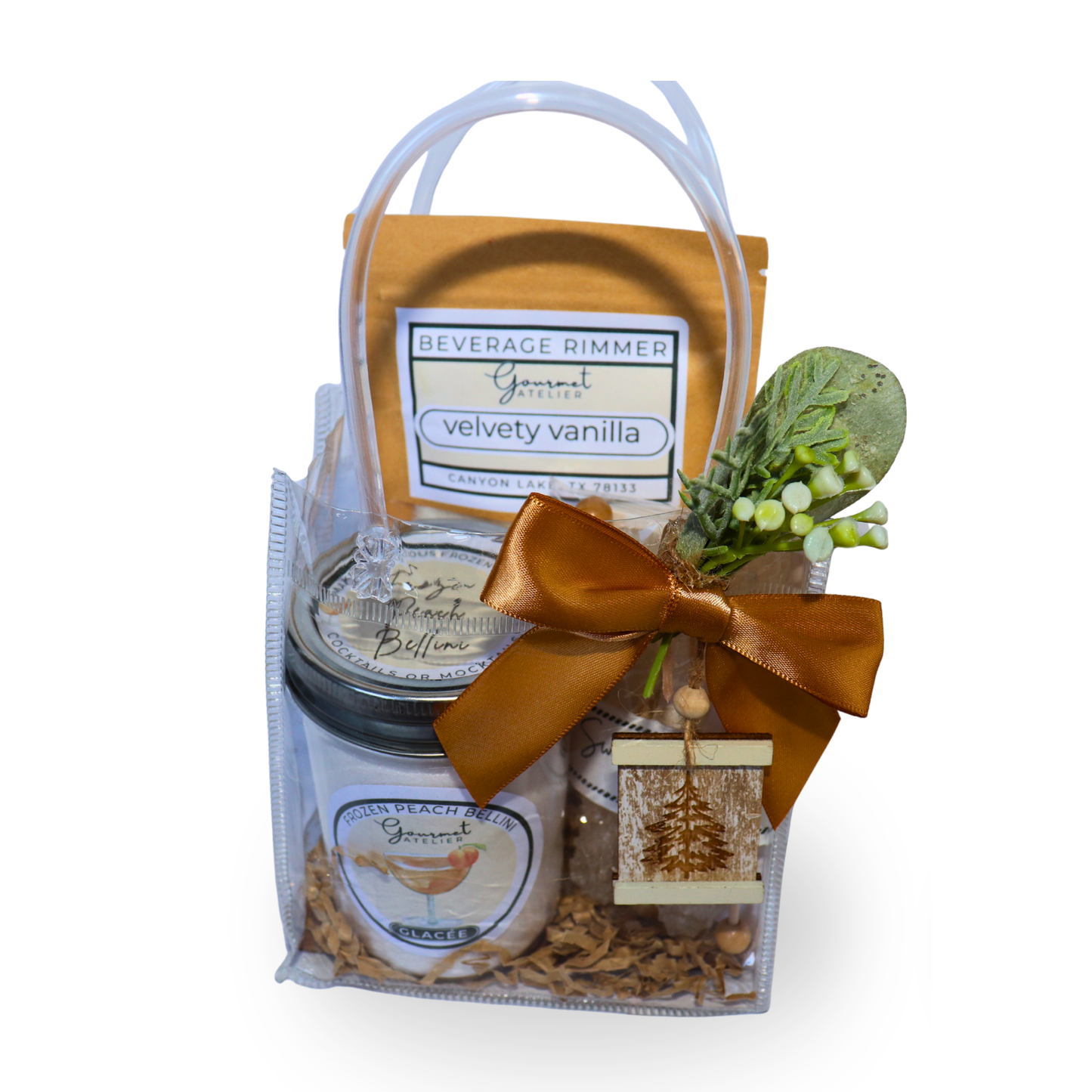 Bar in a Bag- Frozen Peach Bellini Glacée, Velvety Vanilla Rimmer, Swizzle Sticks